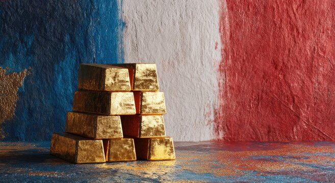 Gold bars stacked against a French flag-themed backdrop - Powered by Adobe