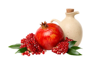 Fresh red pomegranate and olive oil, isolated, PNG
