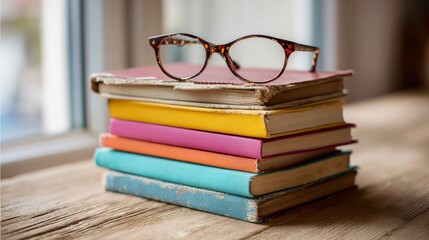 Pile of colorful stacked books with eyeglasses on wooden desk symbolizing education, reading culture, academic preparation, and student intellectual lifestyle inspiration
