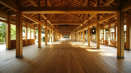 Naklejka premium Long wooden corridor in a sunlit building, showcasing architectural craftsmanship