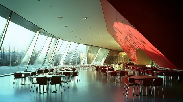 Modern, sunlit interior with large windows, tables, chairs, and red accent wall