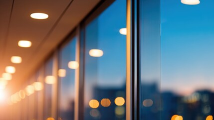 Modern office interior with large windows showcasing a city skyline at sunset, creating a serene atmosphere