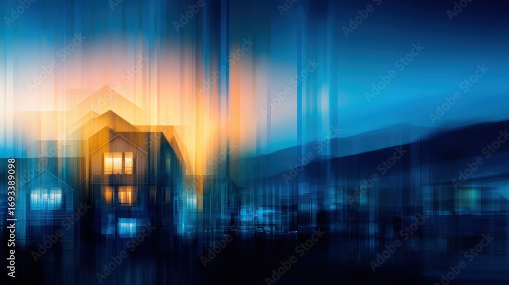 Canvas Prints abstract depiction of illuminated houses at dusk with blurred colors and mountain backdrop, evoking 