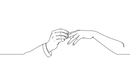 Continuous line drawing of a groom placing a wedding ring on the bride's finger, symbolizing love, commitment, and marriage