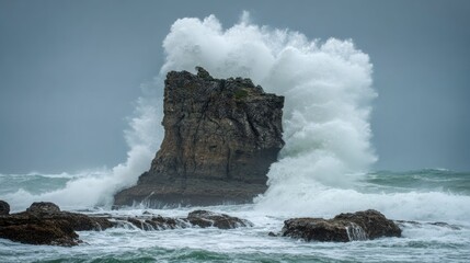 Obraz premium Powerful waves crashing on rocky coast