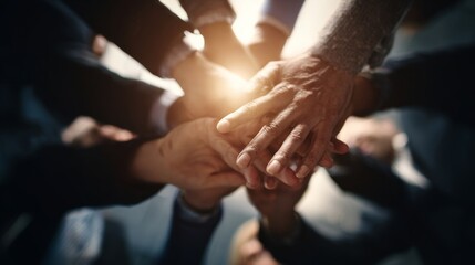 Business teamwork and unity concept with hands stacked together under sunlight symbolizing trust, cooperation, leadership, collaboration, success, and partnership in work culture