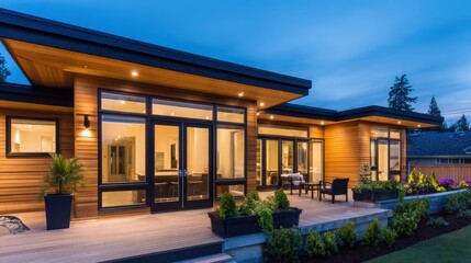 Modern wooden house exterior at twilight, showcasing elegant design and lush landscaping