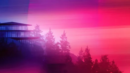 Keuken achterwand Roze Modern architectural structure amidst vibrant pink and purple sunset over a forest landscape  © Matthew