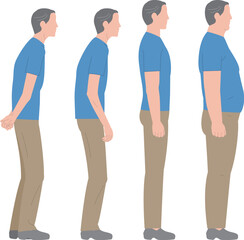 シニアの男性の横から見た全身。肥満、背中が曲がった高齢者のイラスト