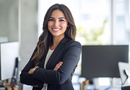 Smiling Hispanic businesswoman in office with arms crossed