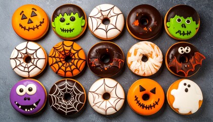 A top-down collection of festive Halloween donuts, featuring playful designs like jack-o'-lanterns, spiderwebs, and monster faces. Ideal for seasonal advertising campaigns and food related promotions.