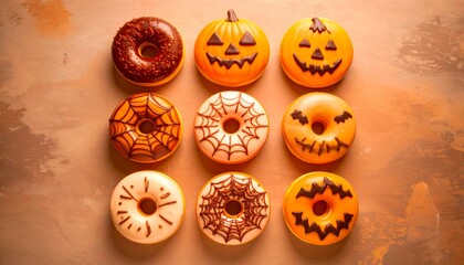A top-down collection of festive Halloween donuts, featuring playful designs like jack-o'-lanterns, spiderwebs, and monster faces. Ideal for seasonal advertising campaigns and food related promotions.