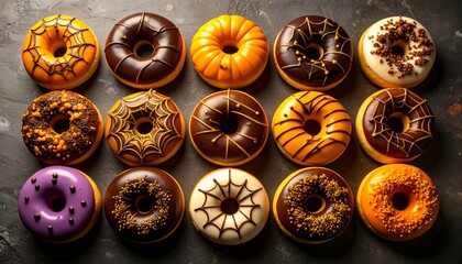 A top-down collection of festive Halloween donuts, featuring playful designs like jack-o'-lanterns, spiderwebs, and monster faces. Ideal for seasonal advertising campaigns and food related promotions.