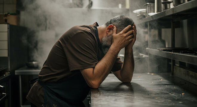 Overwhelmed chef experiencing burnout in a busy, steamy commercial kitchen