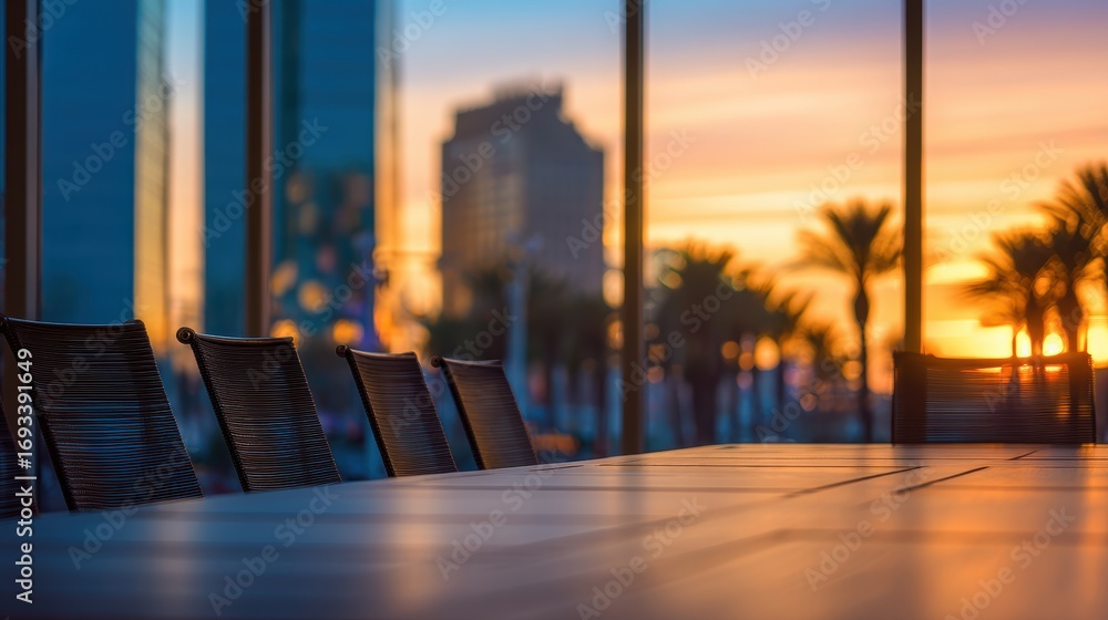 Poster evening sunset view from an office with empty chairs around a table, palm trees visible outside