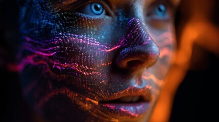 Vibrant waveforms blending art, tech, and science. Data analysis. Innovative fusion of orange, blue, and silver digital waves. Financial charts. Stock market.