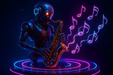 Robot saxophonist on floating neon stage with liquid light music notes cyberpunk 3D illustration style