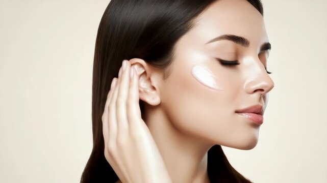Close Up Portrait of a Young Brunette Woman Applying Cream to Her Face With a Beige Background in Soft Lighting for Adobe Stock Photo