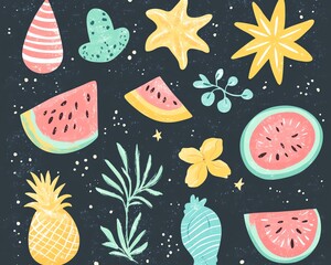Beach summer icons Sea vector element Vacation crayon illustration Beach and sea summer vacation sticker set Cute holiday icon Pastel chalk doodle fruit sun watermelon tropical coc