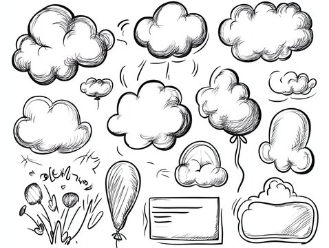 Balloon text frame decoration set Simple hand drawn pen line speech bubble