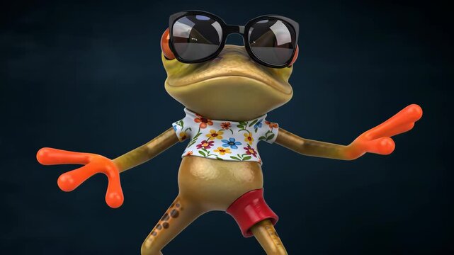 A whimsical 3d rendering of a frog wearing sunglasses and a floral shirt, standing against a dark blue background, radiating a fun and summery vibe dancing frog