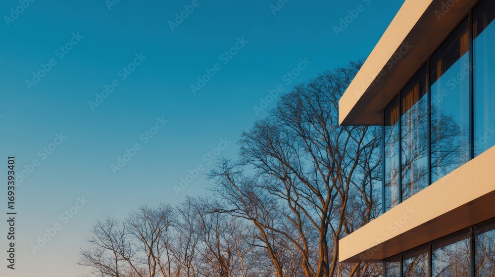 Poster modern architectural building with large windows against a clear sky, surrounded by bare trees at su