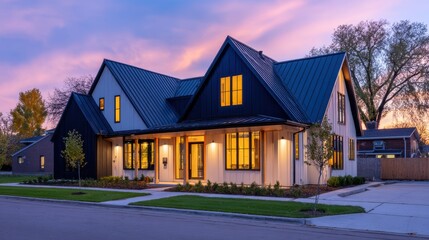 Fototapeta premium Modern residential home with large windows at sunset, showcasing a vibrant sky and landscaped yard