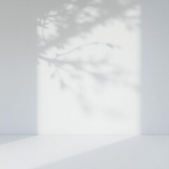 Soft sunlight through window casting leaf shadows on a white wall