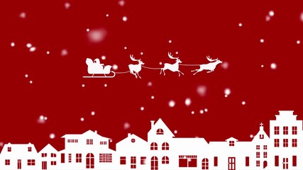 Christmas illustration of Santa Claus riding sleigh with reindeer flying over winter town at night. Festive red background with falling snowflakes creates joyful holiday atmosphere. - Powered by Adobe