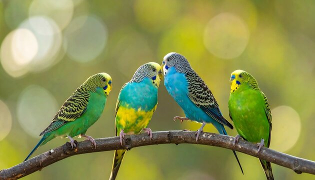 Four colorful parakeets on a branch