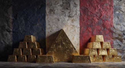 Gold bars pyramid against a French flag-patterned wall