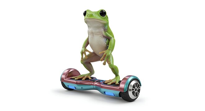 A humorous green tree frog expertly balancing on a modern self-balancing scooter, a whimsical concept of an amphibian using technology