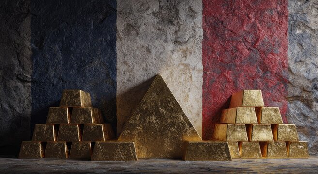 Gold bars pyramid against a French flag-patterned wall