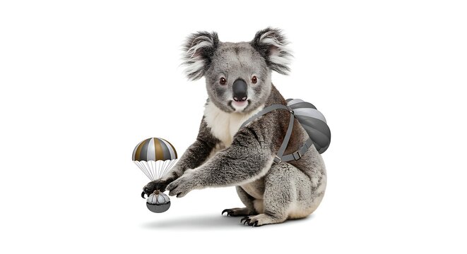 Cute koala with a traveler's backpack and parachute, symbolizing concepts of adventure, delivery, and journey on an isolated white background