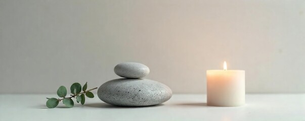 Serene minimalist still life featuring a smooth grey stone, a single sprig of dried eucalyptus, and a softly lit candle on a neutral backdrop, evoking tranquility and inner peace , serenity, shadow