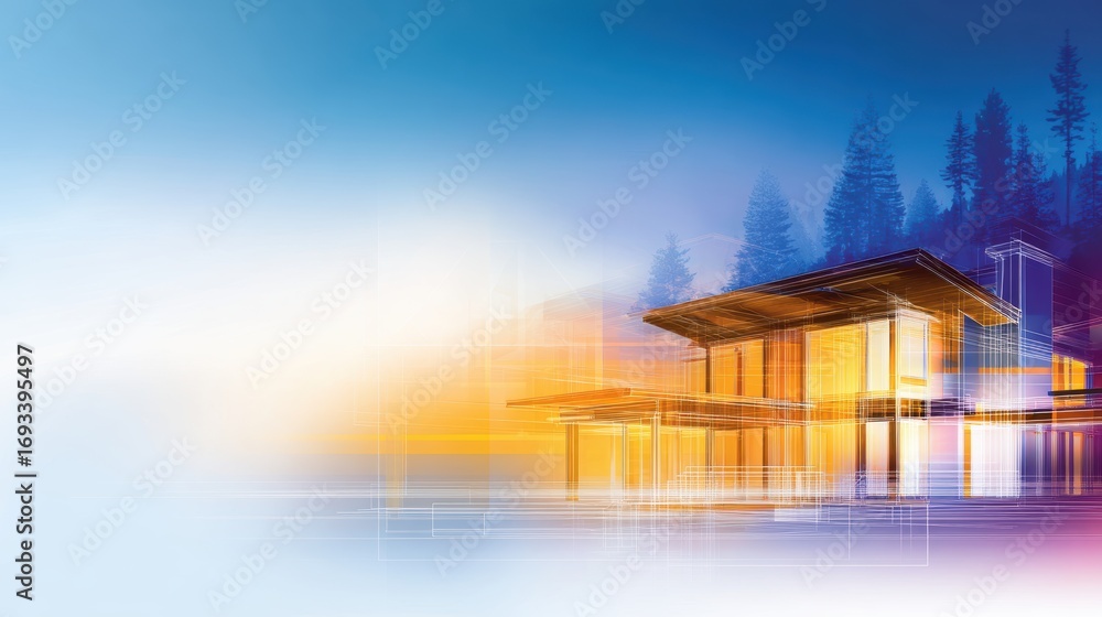 Poster modern architectural design of a house surrounded by trees with a colorful gradient background