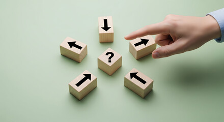 Decision-making concept with question mark and arrows pointing different directions, business strategy