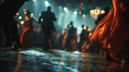 A vibrant dance scene featuring elegantly dressed individuals moving gracefully under soft, atmospheric lighting, creating a lively and elegant ambiance.