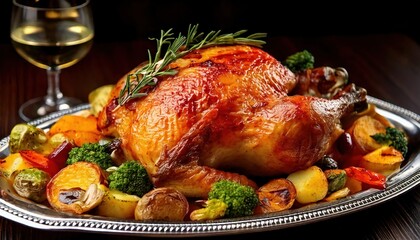 Golden Roasted Turkey with Vegetables and Glass of Wine on Table