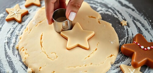 Small hand using star-shaped cookie cutter on Christmas cookie dough, toddler, child