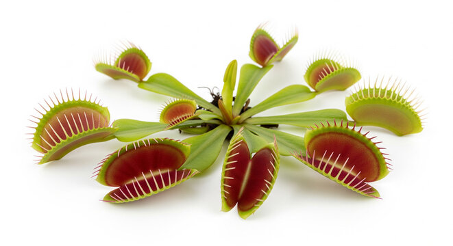 Green and red Venus flytrap plant with open carnivorous traps, isolated transparent background