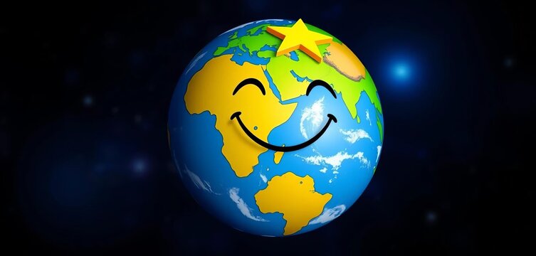 Smiling Earth globe with playful star design, continents outlined,  continents,  space