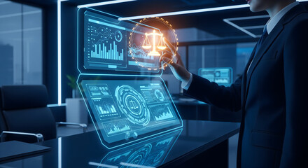 Modern legal tech interface with scales of justice, data analytics, and a professional touch