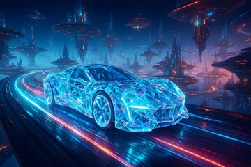 Flying car made of crystals and light racing through floating city circuit sci fi 3D dynamic perspective speed