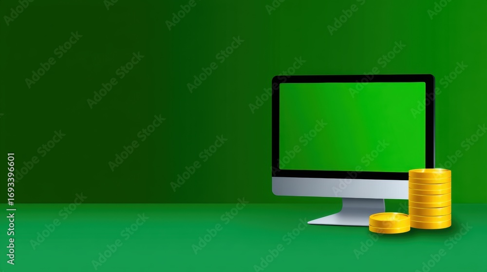 Poster computer monitor displaying a blank screen with stacks of coins on a green background, symbolizing f