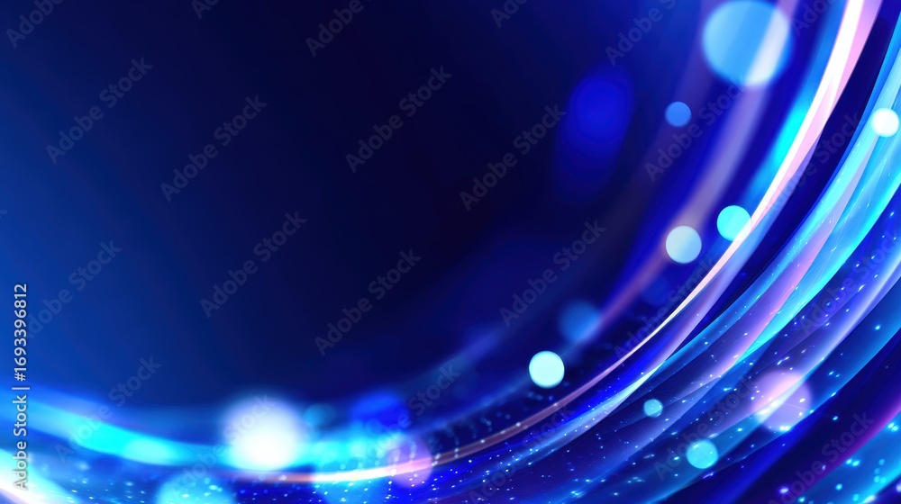 Poster abstract blue wave design with glowing circles and light effects, creating a vibrant digital backgro