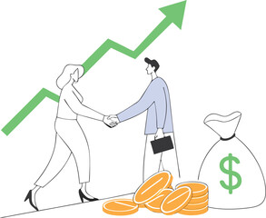 Successful business partnership handshake with growing profits and money bag vector illustration white background