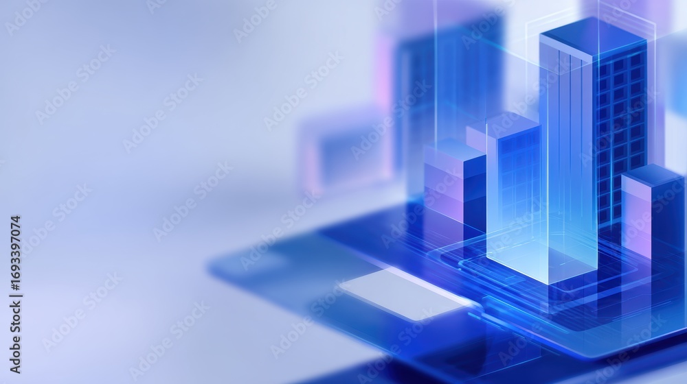 Poster abstract representation of a futuristic cityscape with translucent buildings on a digital interface 