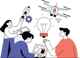 Vector illustration of teamwork inspiring technological innovation and future ideas white background