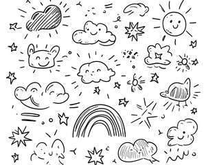 Cute doodle with cloud, rainbow, sun, animal element Hand drawn line children style Doodle background vector illustration